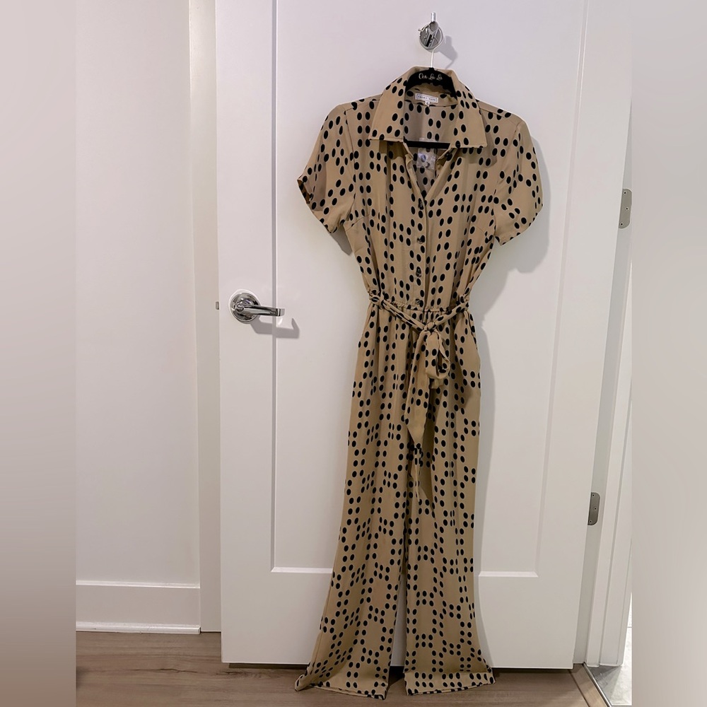 Emory Park Short Sleeve Button Down Belted Tie Waist Jumpsuit